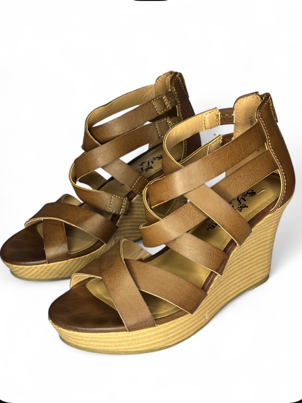 Women’s Size 6.5 Self Esteem Brown Caged Gladiator Style Wedge Sandals Heels